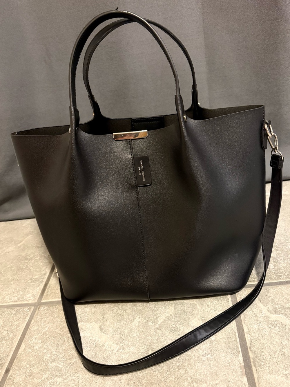 David Jones Black Leather Tote with Removable Strap